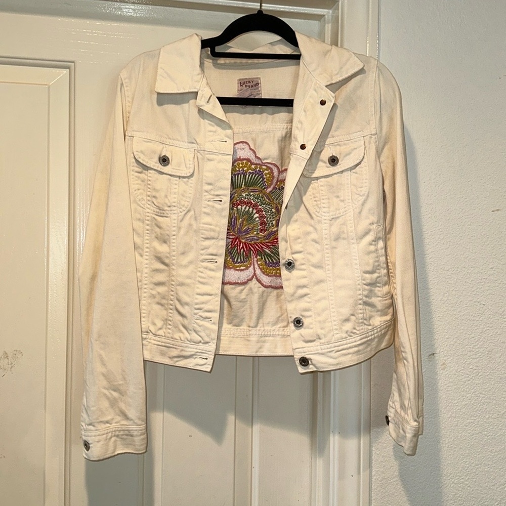 Lucky Brand Off-White Denim Jacket with Embroidery